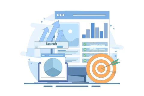 SEO Optimization Concept, Web Analytics and Social Media Marketing SEO. Illustrazione stock