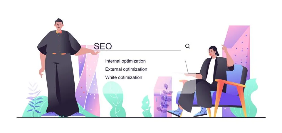Seo optimization concept for web banner. Man and woman customize search bar and Illustrazione stock