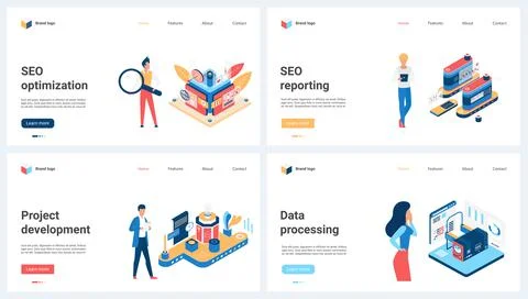 SEO optimization, data processing and report, project development set and tiny Illustrazione stock