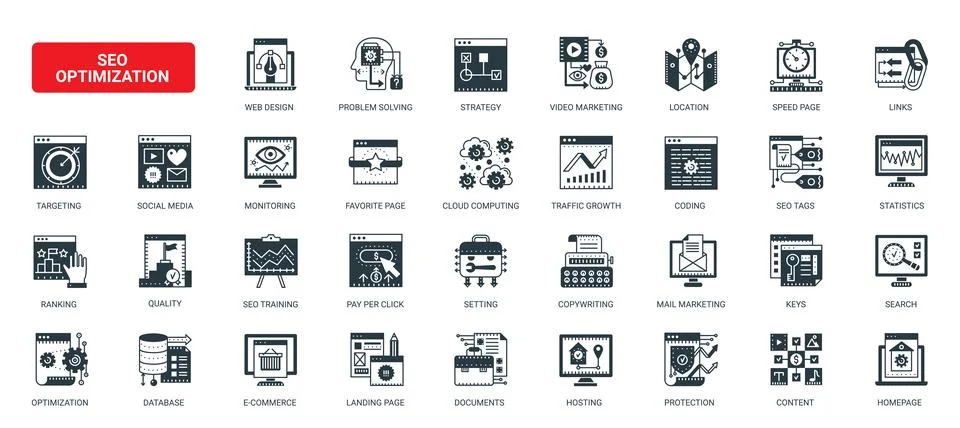 SEO Optimization Digital Marketing Web Services icons set Illustrazione stock