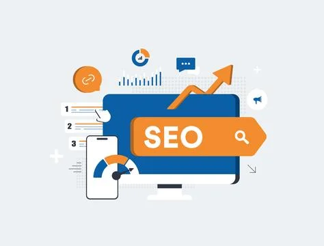 SEO optimization improving website ranking through digital marketing. Keyword Stock Illustration