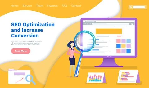 Seo optimization increase of conversion concept. Woman works with data and Stock Illustration