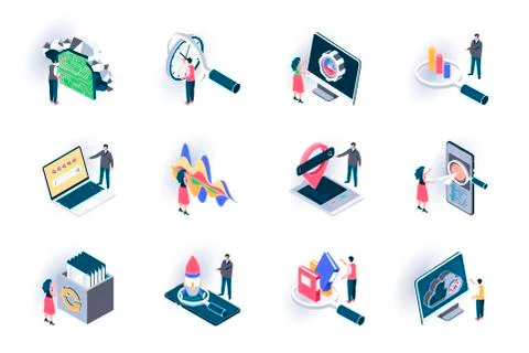 SEO optimization isometric icons set. Stock Illustration