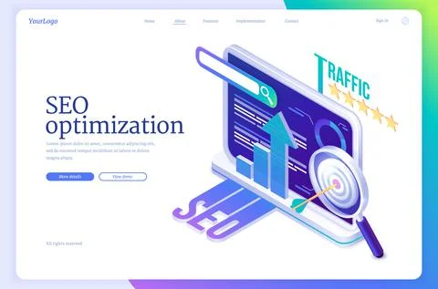 SEO optimization isometric landing page banner 스톡 일러스트
