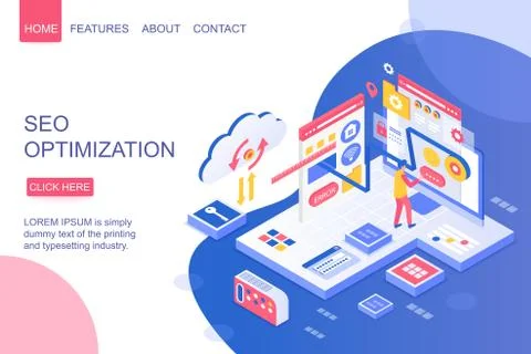 SEO optimization isometric vector landing page template 스톡 일러스트