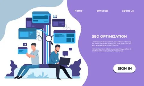 SEO optimization landing page. Website promotion management, online service Illustrazione stock