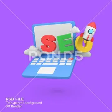 SEO optimization with laptop and rocket for marketing isolated 3d render ic.. PSD Template