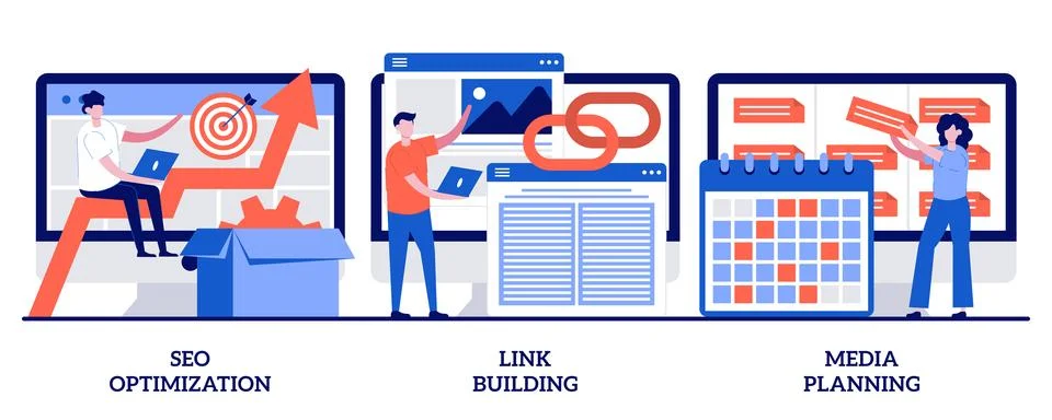 SEO optimization, link building, media planning concept with tiny people. I.. Stock Illustration