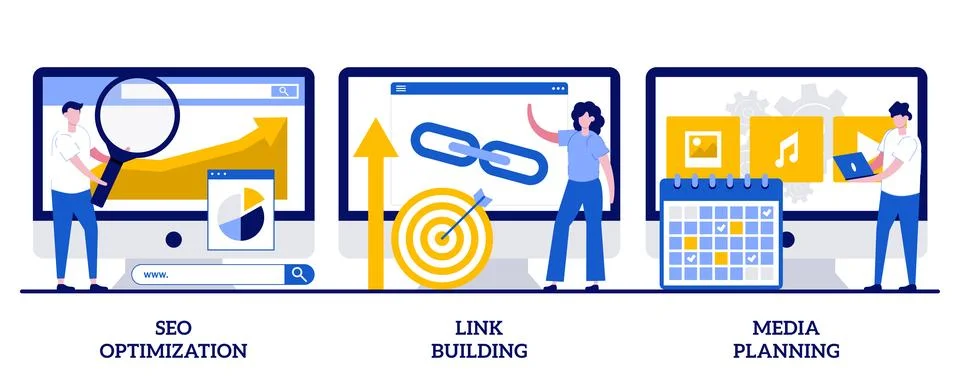 Seo optimization, link building, media planning concept with tiny people. I.. Ilustración de archivo