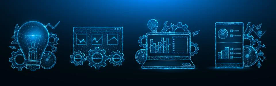 SEO optimization low poly design. Search engine optimization. Smartphone, lap 스톡 일러스트