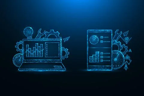 SEO optimization low poly design. Search engine optimization for mobile devic Stock Illustration