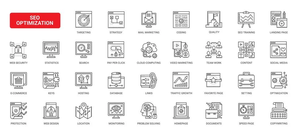 SEO Optimization Marketing and Analytics Symbols icons set Illustrazione stock