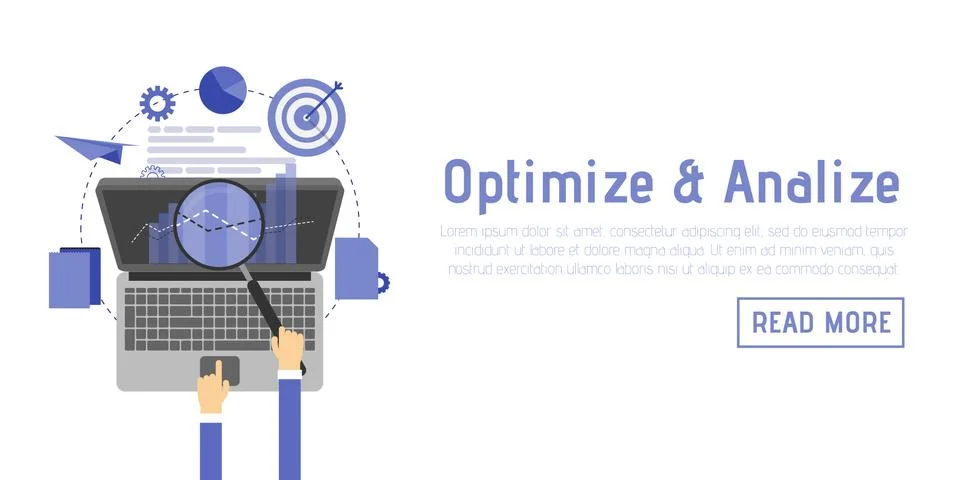 SEO optimization, programming process and web analytics elements in flat desi Illustrazione stock