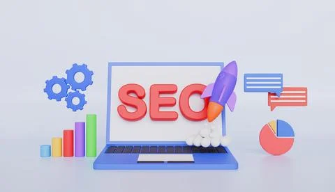 SEO optimization with rocket for marketing social media concept Stock Illustration