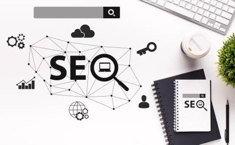 Seo Optimization Scheme With Web Icons, White Office Table Background Stock Photos