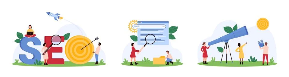 SEO optimization, search results by tiny people with magnifying glass and Illustrazione stock