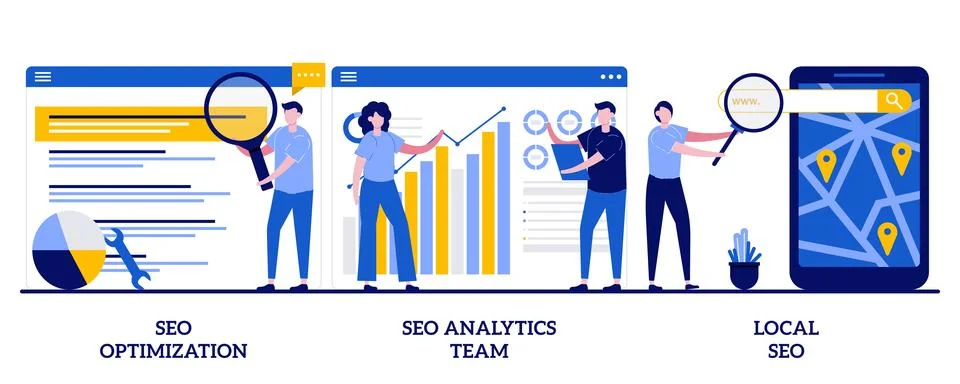 SEO optimization, SEO analytics team, local SEO concept with tiny people. S.. Stock Illustration