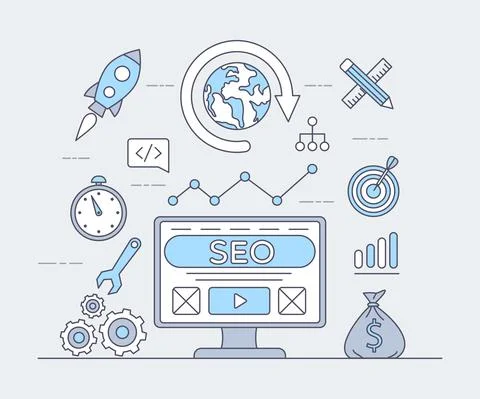 SEO optimization, software development vector outline cartoon illustration. Web Stock Illustration