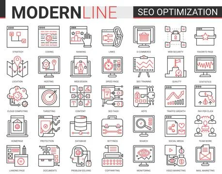 Seo optimization technology complex vector line icons set. Tech analytics Illustrazione stock