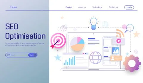 SEO optimization technology modern flat design, search engine analytics Stock Illustration