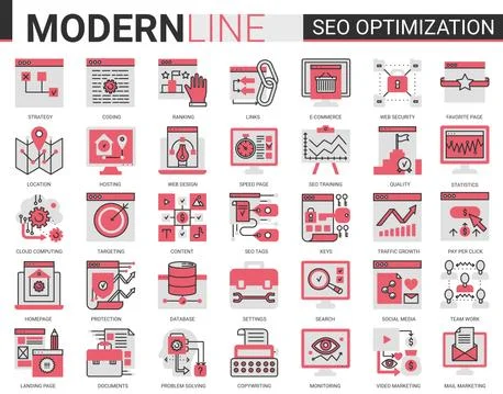 Seo optimization technology vector complex flat line icon set. Tech analytics Illustrazione stock