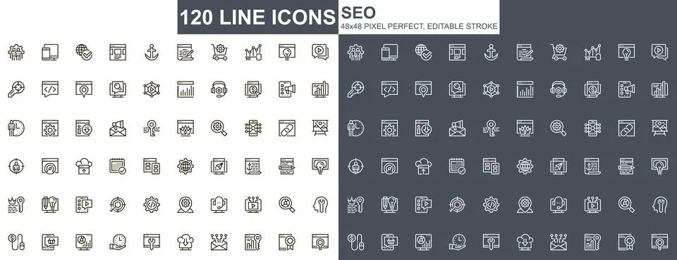 Seo optimization thin line icons set. Stock Illustration