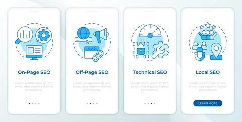 SEO optimization types blue onboarding mobile app screen Illustrazione stock