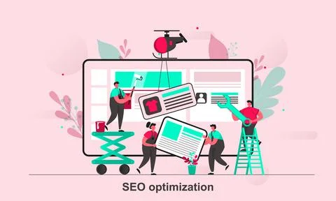 SEO optimization web concept design in flat style. SEO teamwork scene visuali Illustrazione stock