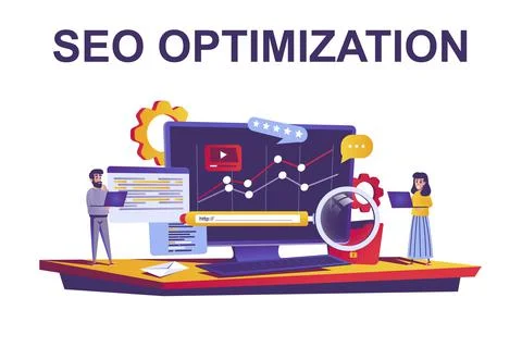 Seo optimization web concept in flat style. Marketers analyze data, search en Illustrazione stock