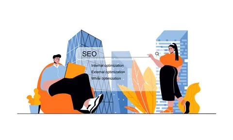Seo optimization web concept with people in flat cartoon design. Man and woma Stock Illustration