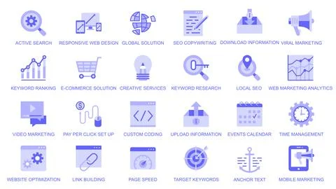 SEO optimization web icons set in duotone flat design. Pack pictograms with.. Stock Illustration