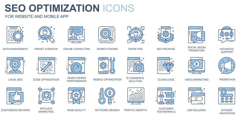 SEO optimization web icons set in duotone line design. Pack of data managemen Illustrazione stock