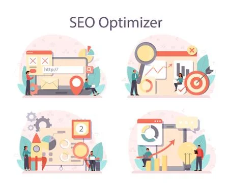 SEO optimizer concept set. Idea of search engine optimization Illustrazione stock