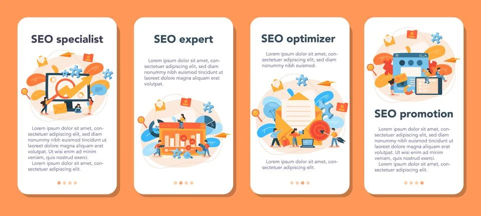 SEO optimizer mobile application banner set. Idea of search engine optimization Illustrazione stock