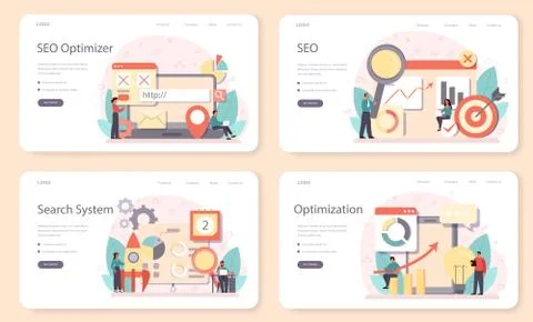 SEO optimizer web banner or landing page set. Idea of search engine Stock Illustration