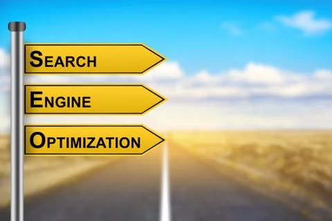 SEO or Search engine optimization words on yellow road sign Stock Photos