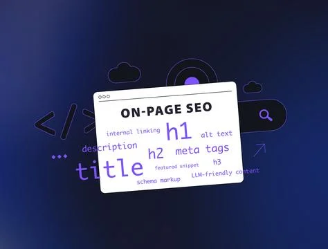 SEO on-page elements - clean interface with title, h1, h2 tags, schema markup Stock Illustration