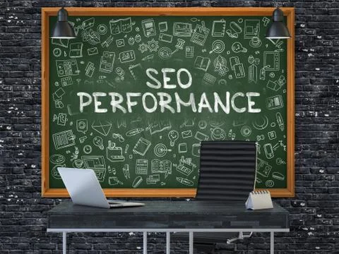 SEO Performance Concept. Doodle Icons on Chalkboard Illustrazione stock