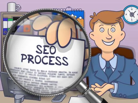 SEO Process through Magnifier. Doodle Style Stock Illustration