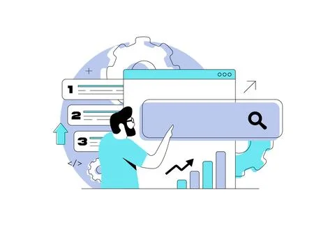 SEO ranking optimization concept with search bar, analytics charts and gear Stock Illustration