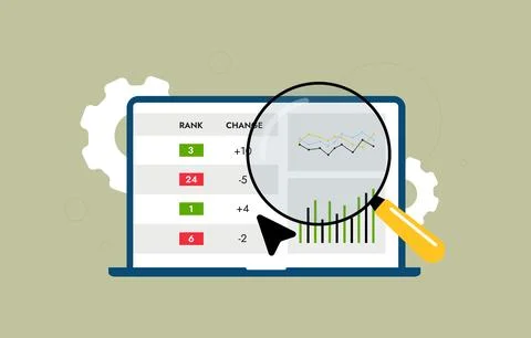 SEO ranking tool interface with keyword tracking dashboard, search engine rank Illustrazione stock