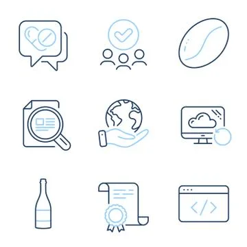 Seo script, Check article and Medical drugs icons set. Champagne bottle, Coffee Stock Illustration