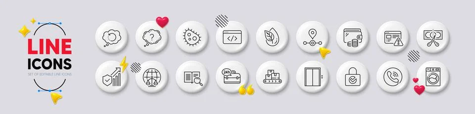 Seo script, Internet warning and Lift line icons. For web app, printing. White Stock Illustration