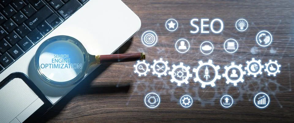 SEO (Search Engine Optimization) and magnifying glass. Analysis Stock Photos