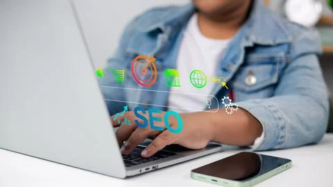 SEO search engine optimization and digital marketing strategy on laptop com.. Stock Photos