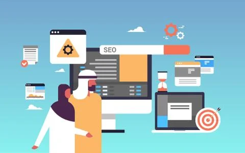 Seo search engine optimization arab couple man woman monitoring internet Illustrazione stock