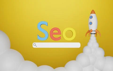 Seo search engine optimization with a browser and a rocket taking off. 3d ren Stock Illustration