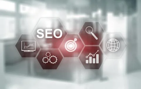 SEO. Search Engine optimization. Business technology on blurred office Stock Illustration