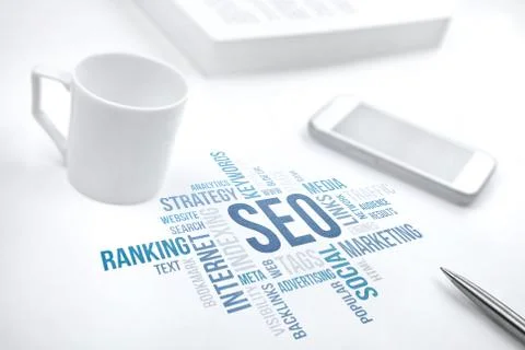 Seo, search engine optimization, business concept word cloud with smartphon.. Stock Photos