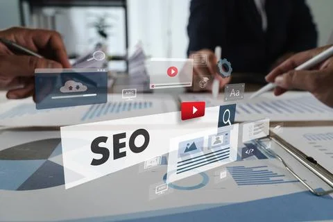 A seo search engine optimization business meeting discussing digital marketin Stock Photos